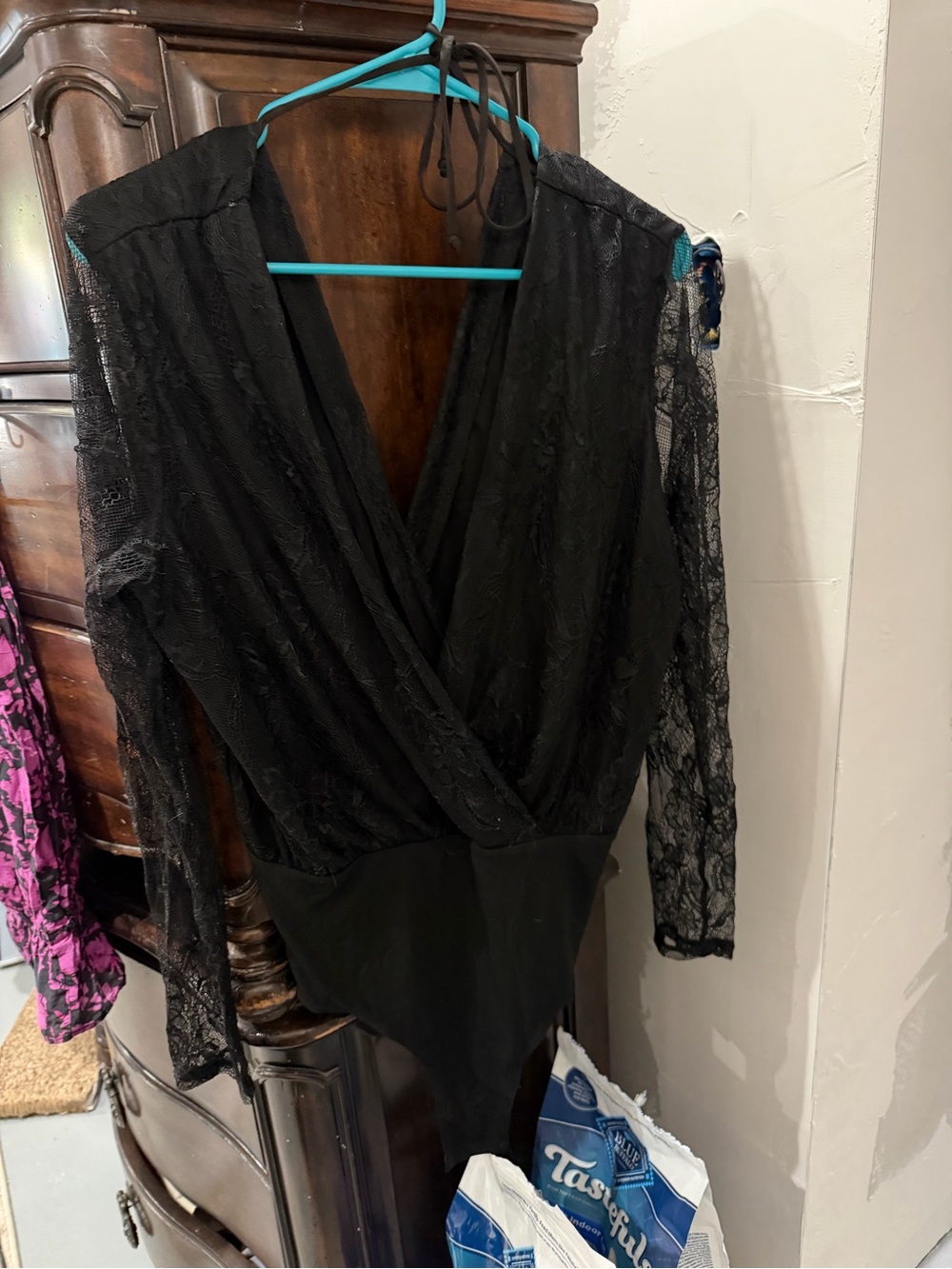 BCBGeneration Black Lace Surplice Bodysuit